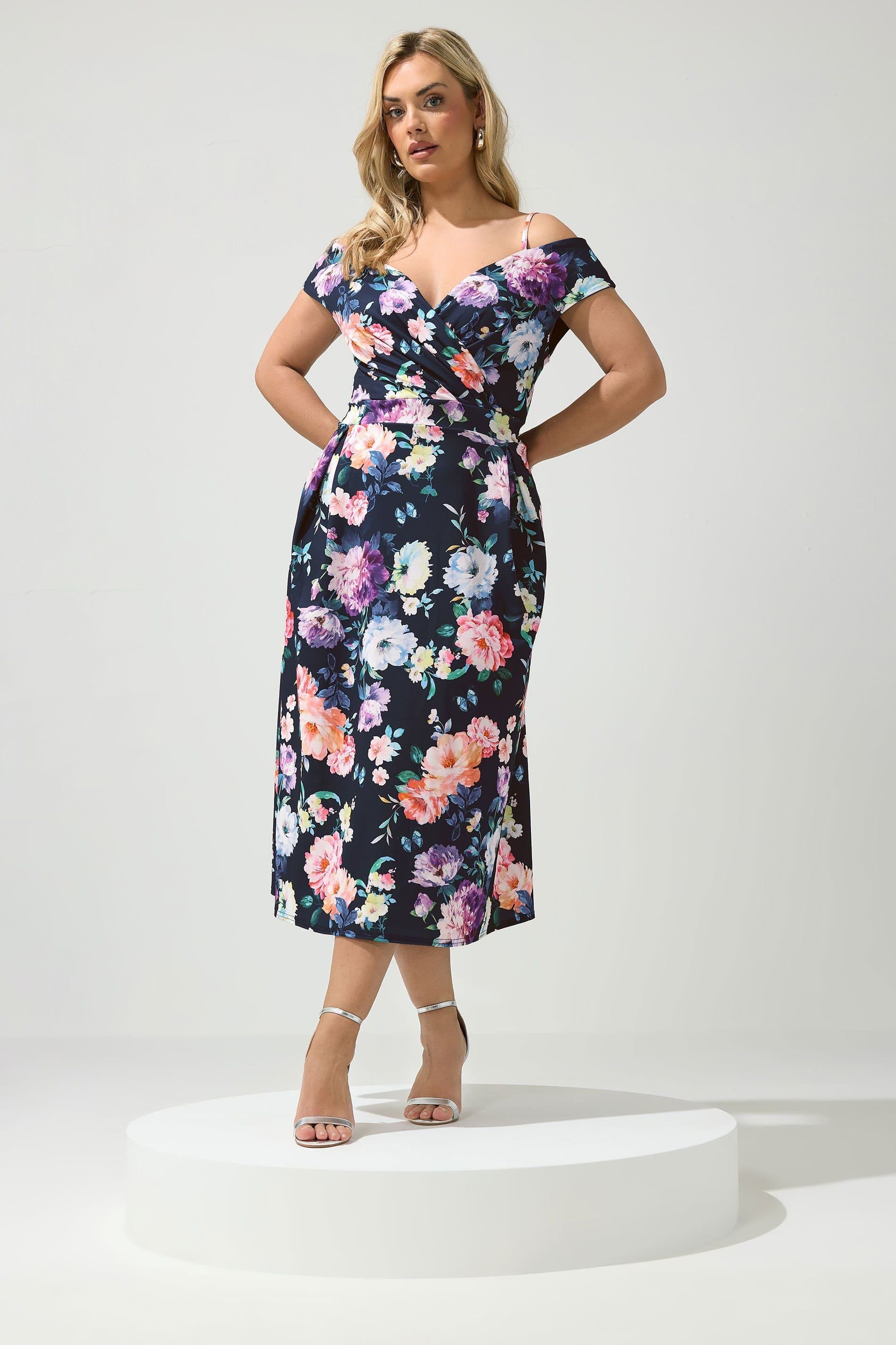 Yours Yours Women's Bardot Floral Skater Dress in Dark Navy