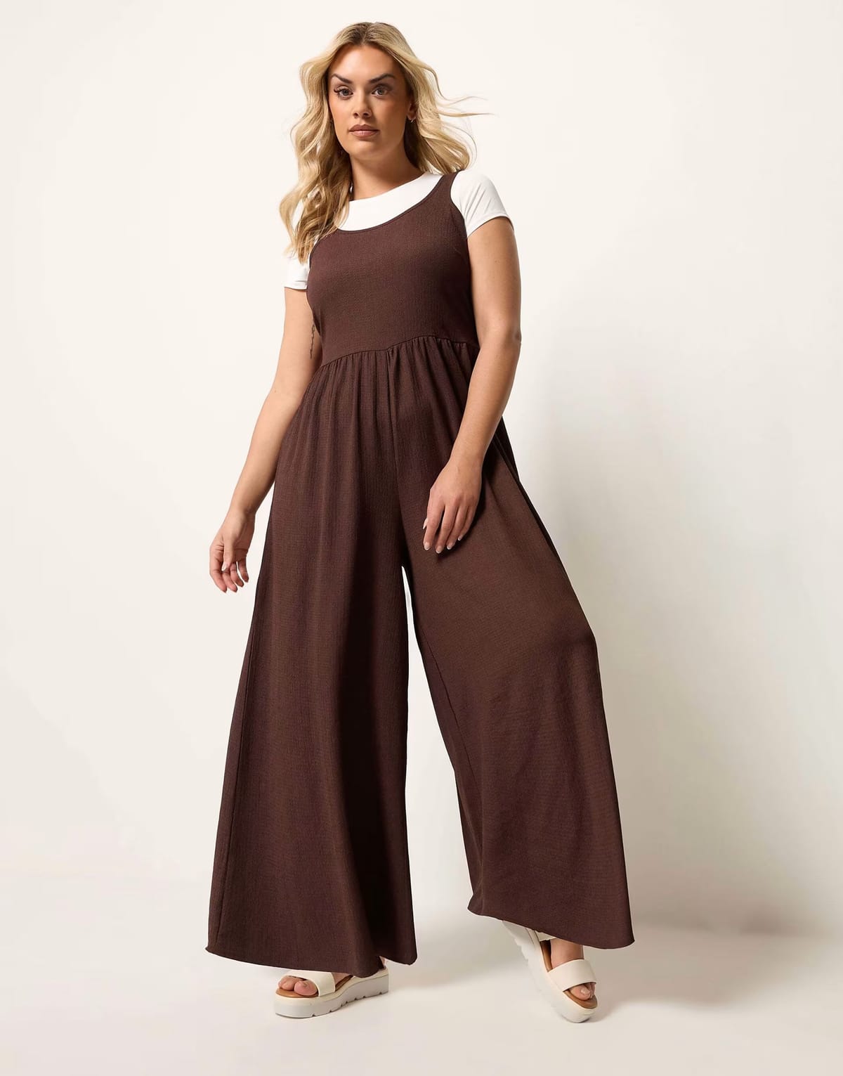 ASOS Yours Clothing Textured wide leg jumpsuit in brown - 1