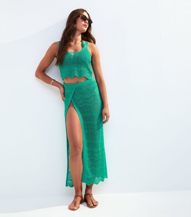 New Look Women's Green Zig Zag Crochet Cover Up Crop Top New Look - 2