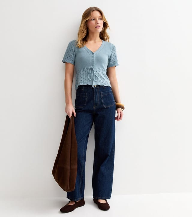 New Look Women's Light Blue Cotton Rich Knit Tie Waist Short Sleeve Cardigan New Look - 3