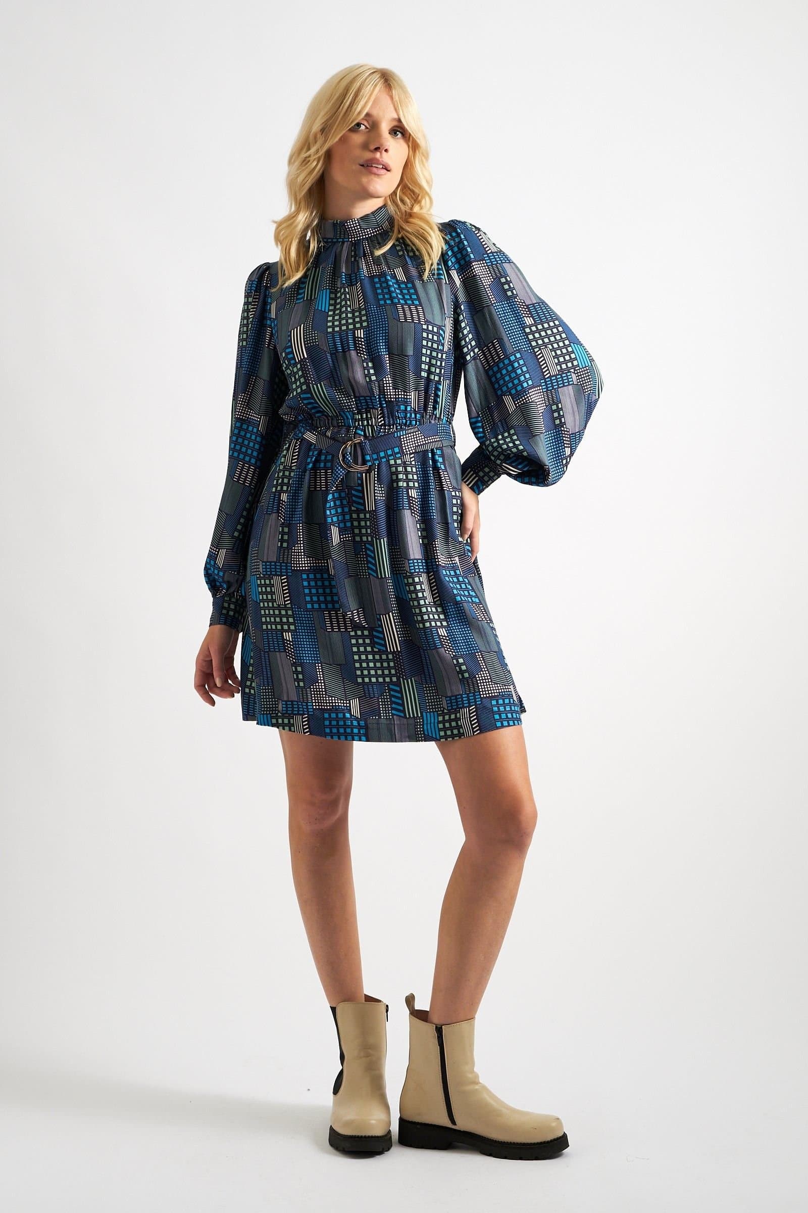 Louche Louche Women's Collyn Geo City Print Long Sleeve Mini Dress in Blue