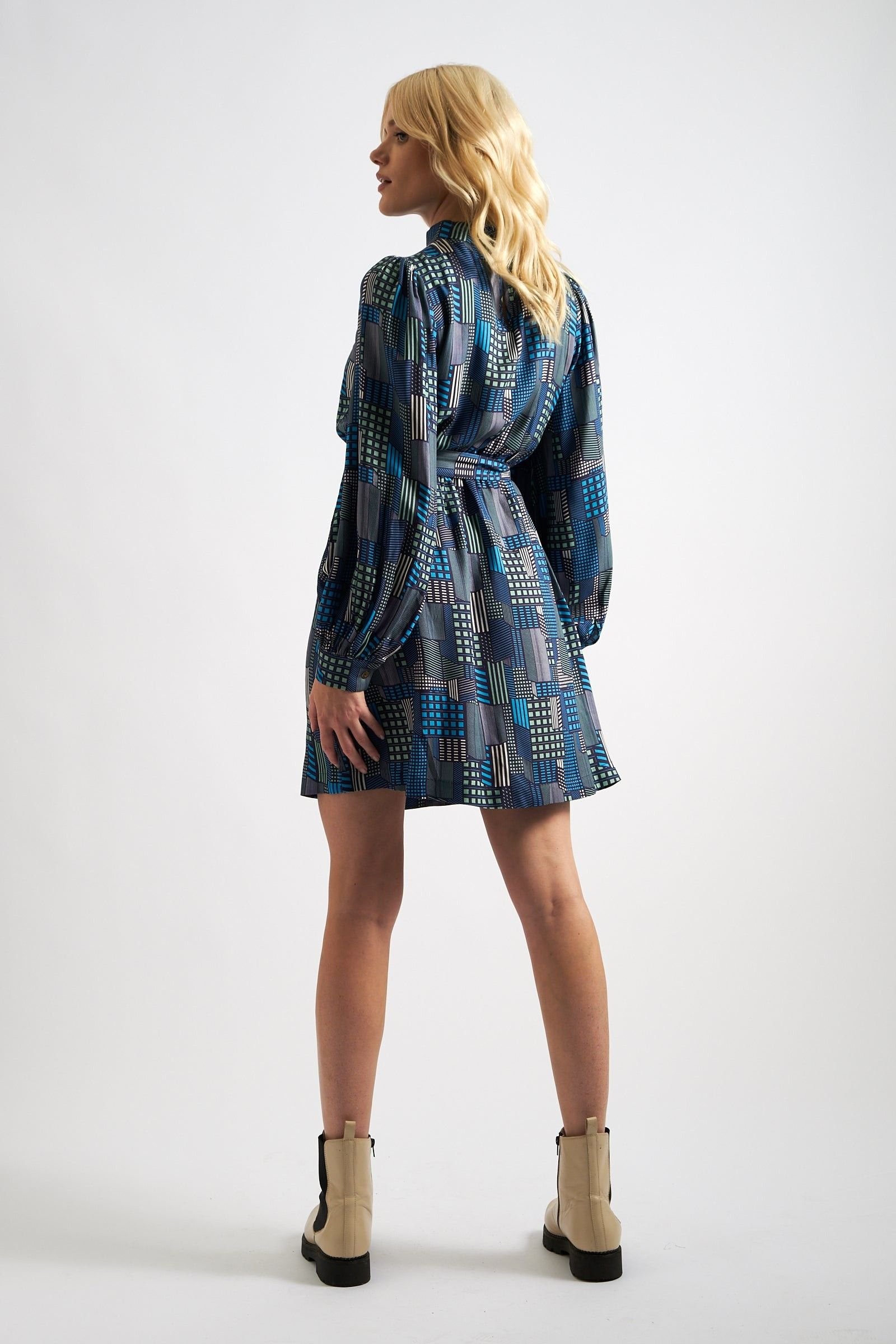 Louche Louche Women's Collyn Geo City Print Long Sleeve Mini Dress in Blue - 2