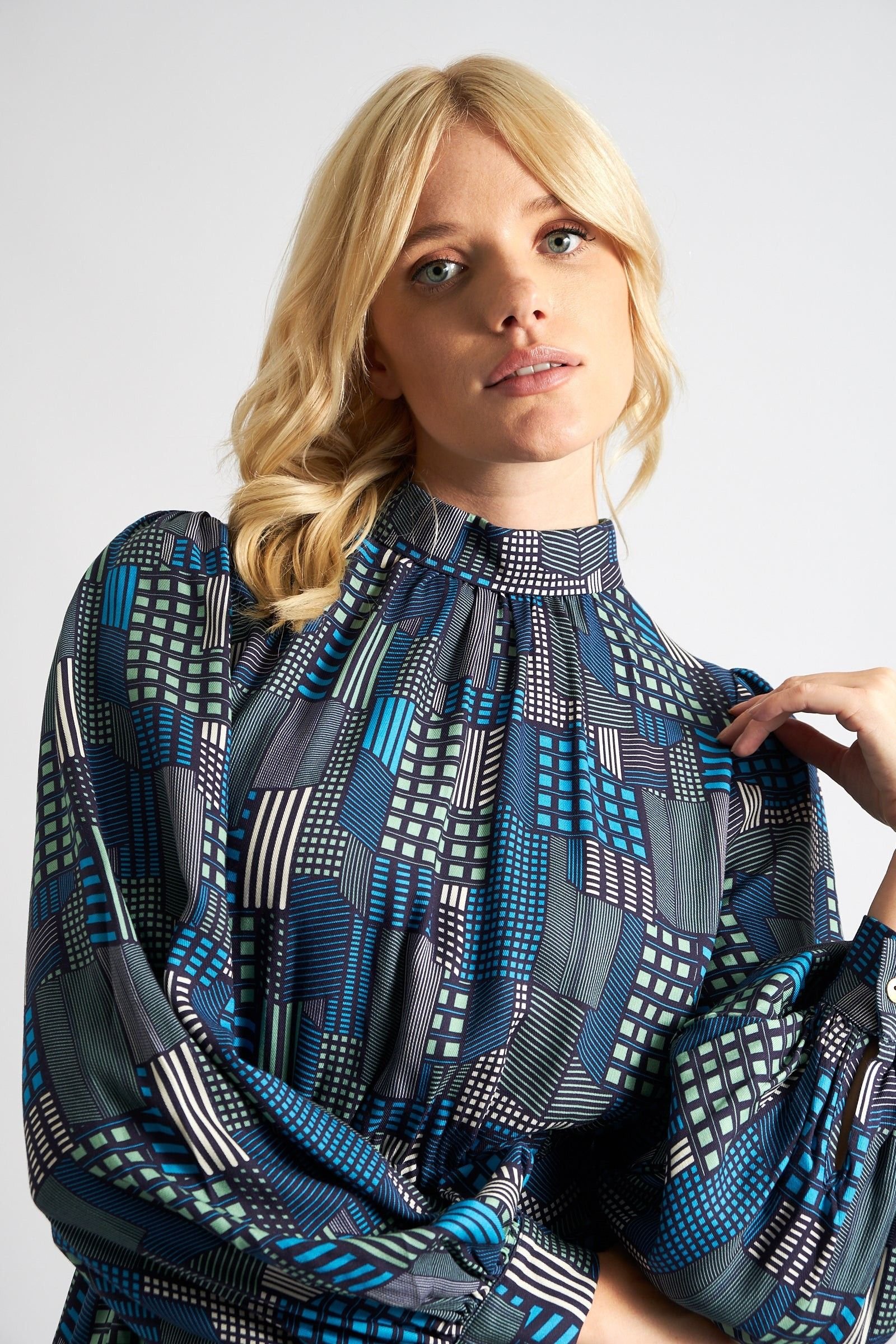 Louche Louche Women's Collyn Geo City Print Long Sleeve Mini Dress in Blue - 3