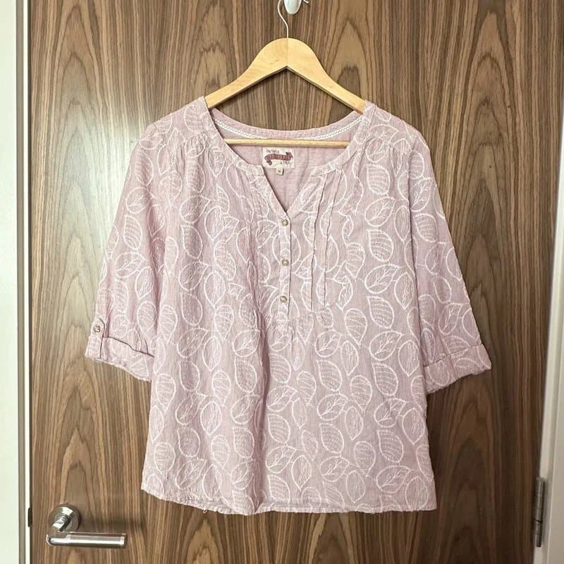 Mantaray Mantaray Pink Pinstripe Embroidered Leaf Button Front Half Sleeve Blouse Top Size 12