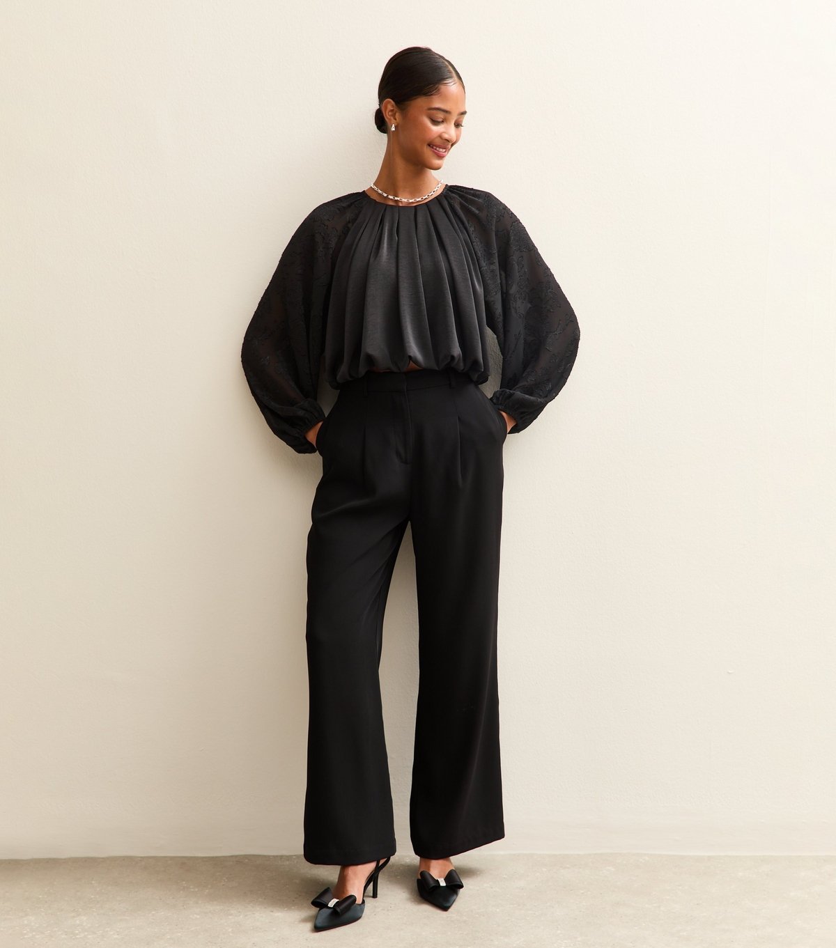 New Look Women's Black Bubble Hem Devore Sleeve Satin Blouse New Look - 3