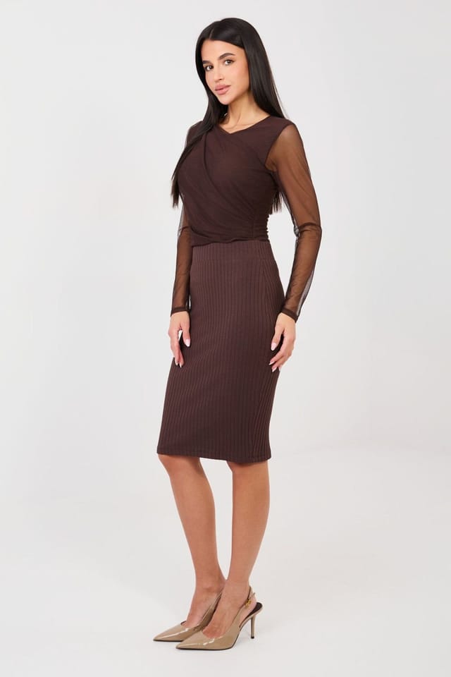 Love Lace Love Lace Women's Ribbed Midi Skirt with Elastic Waistband in Brown - 3