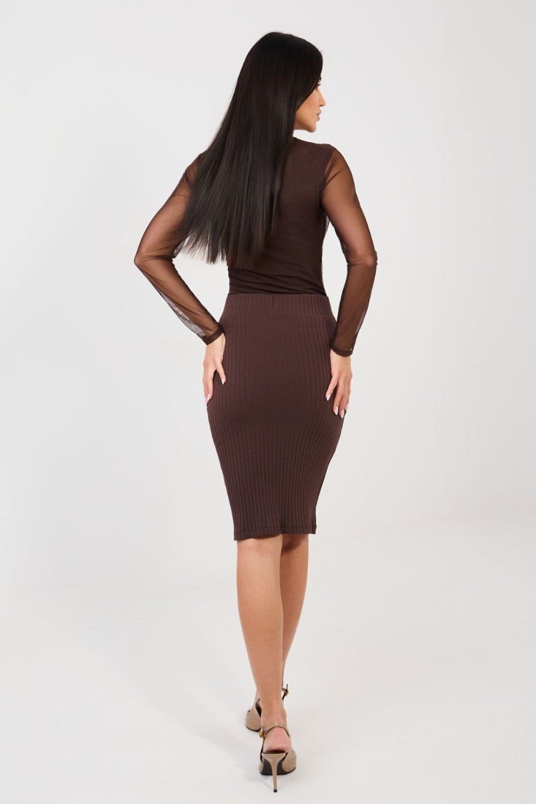 Love Lace Love Lace Women's Ribbed Midi Skirt with Elastic Waistband in Brown - 4