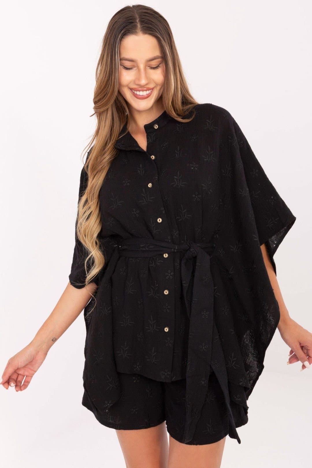 Love Lace Love Lace Women's Muslin Cotton Embroidered Shirt Shorts Set Style 215795 in Black