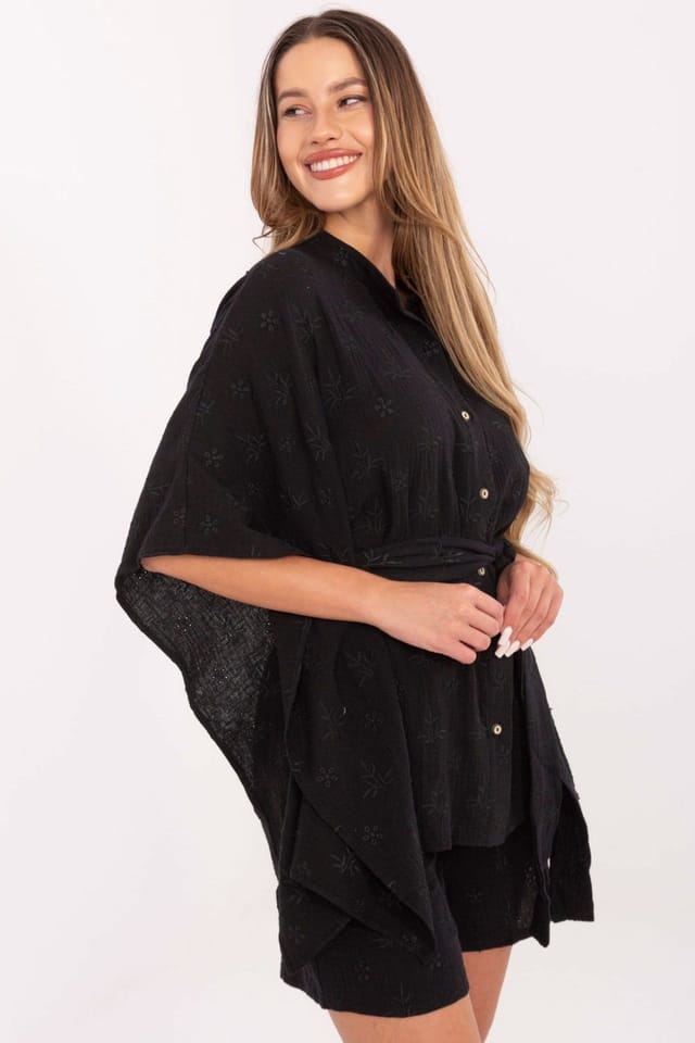 Love Lace Love Lace Women's Muslin Cotton Embroidered Shirt Shorts Set Style 215795 in Black - 2