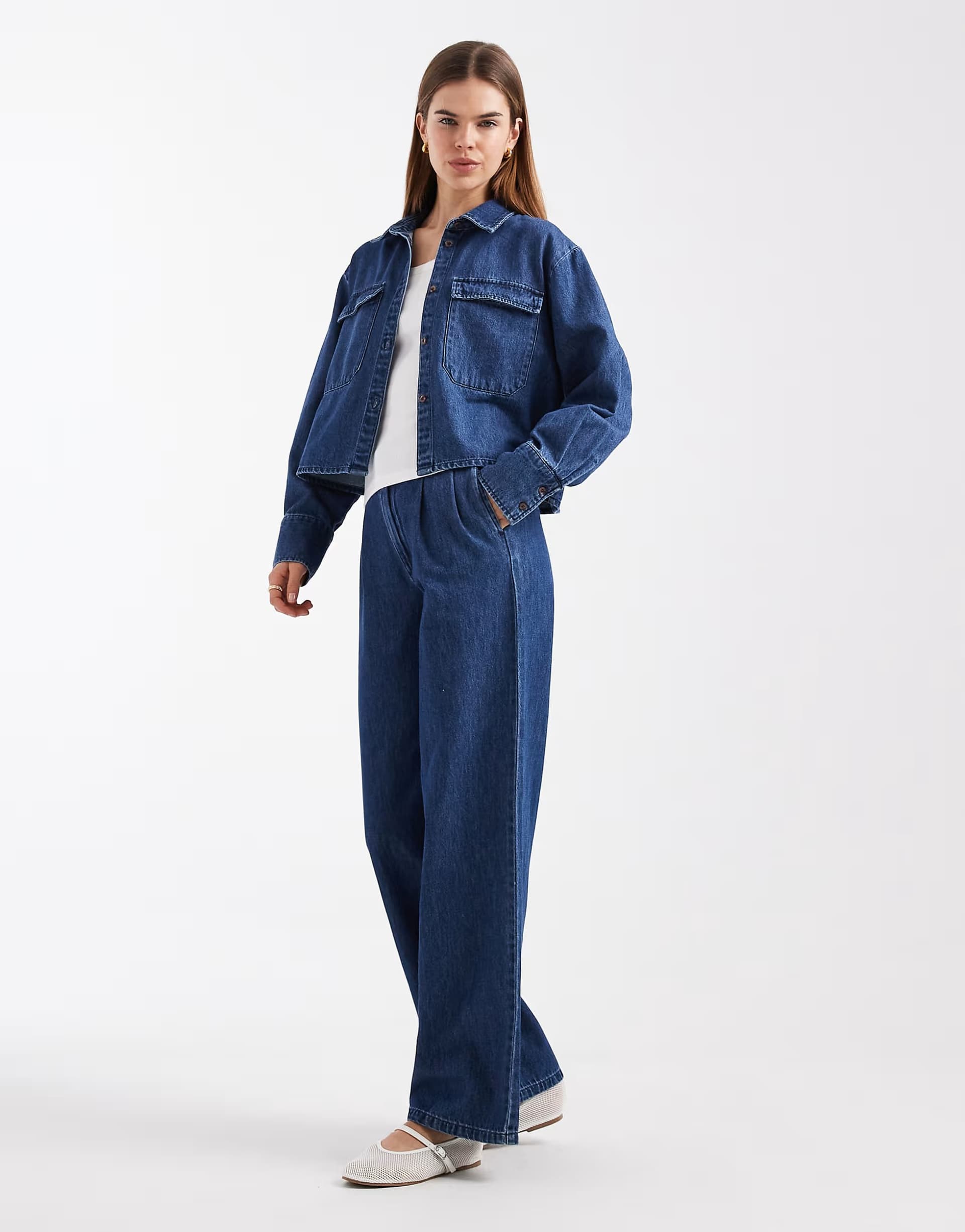 ASOS Vero Moda utility pocket denim shirt and pleat front wide leg jeans set in medium blue denim - MBLUE