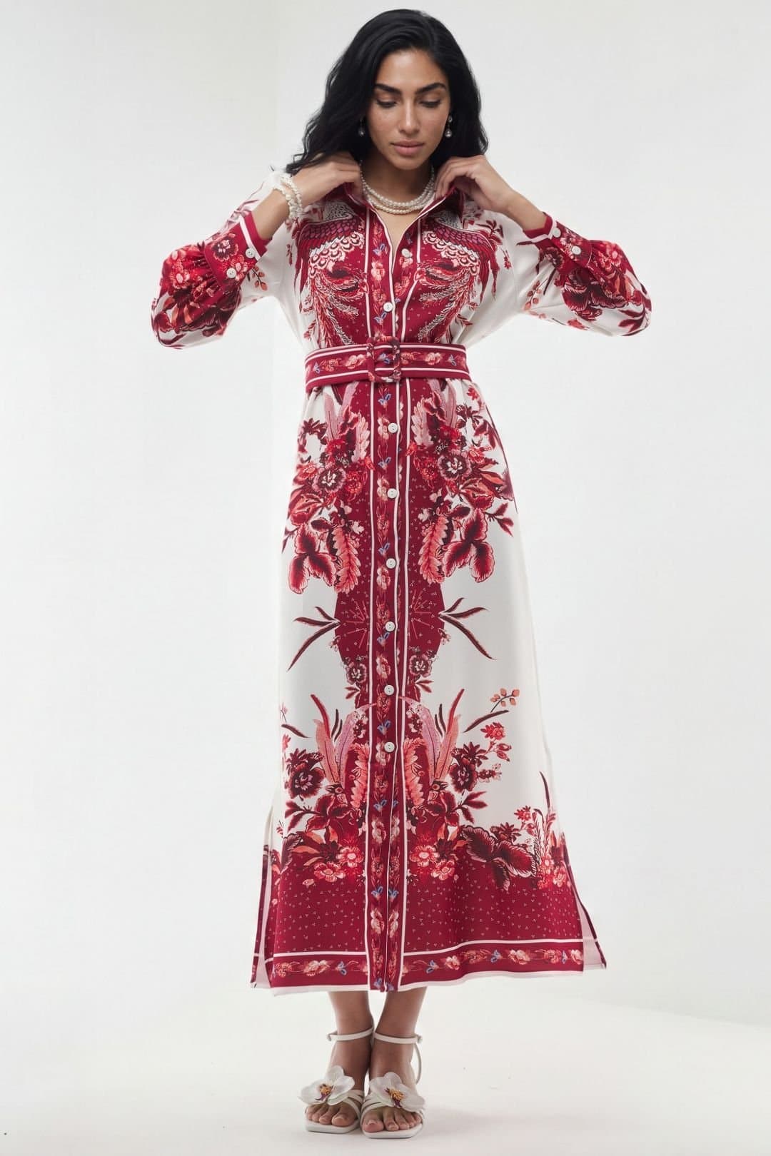 MSN Collection MSN Collection Women's Floral Maxi Shirt Dress with Belt