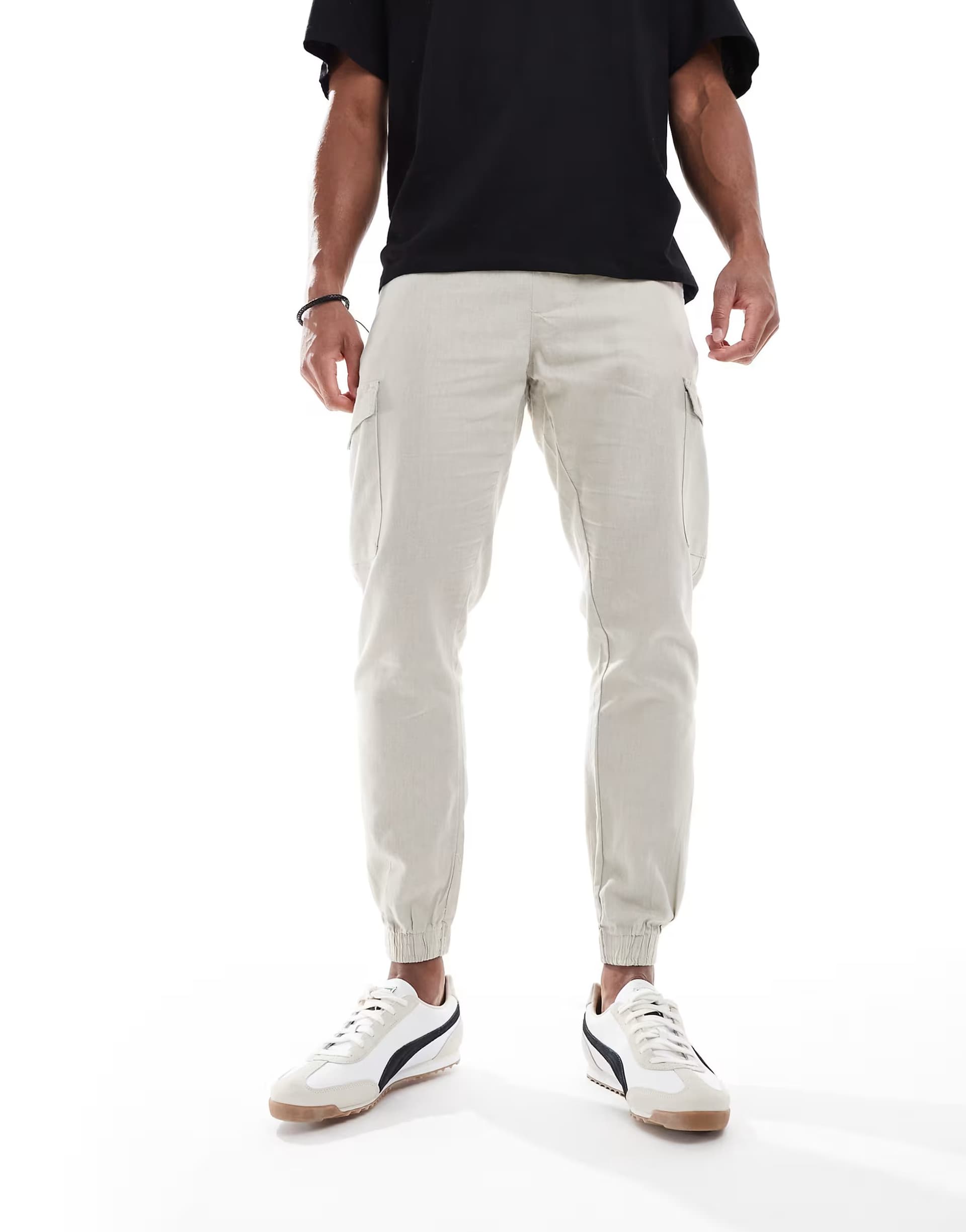 ASOS Brave Soul Cotton linen blend cargo trousers in light stone