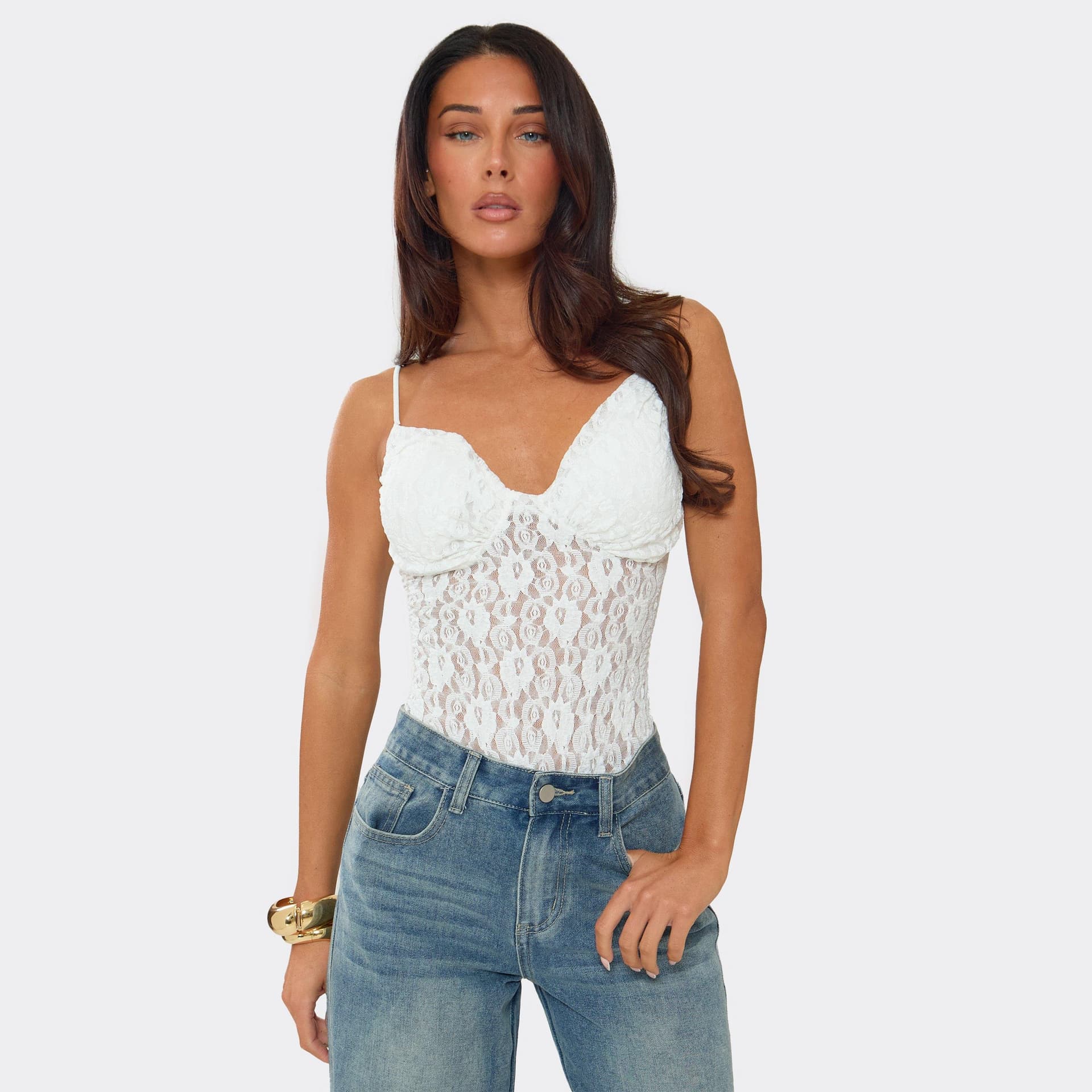 EGO Strappy Cup Detail Bodysuit In White Lace, Women's Size UK L