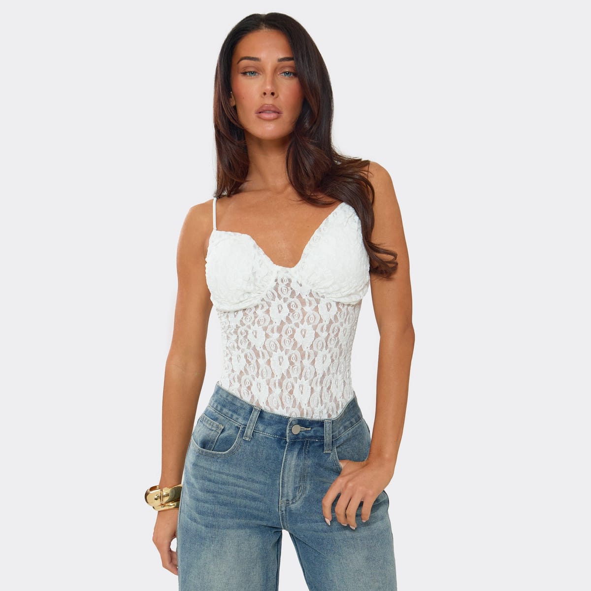 EGO Strappy Cup Detail Bodysuit In White Lace, Women's Size UK L - 1