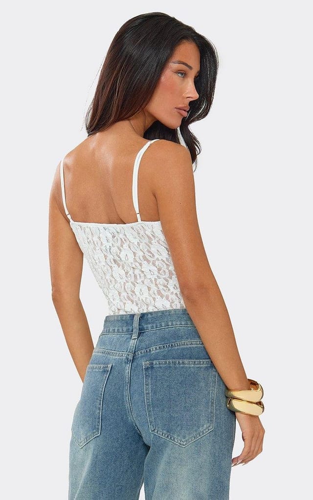 EGO Strappy Cup Detail Bodysuit In White Lace, Women's Size UK L - 2