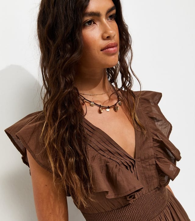 New Look Women's Brown Cotton Ruffle V-Neck Tiered Mini Dress New Look - 2