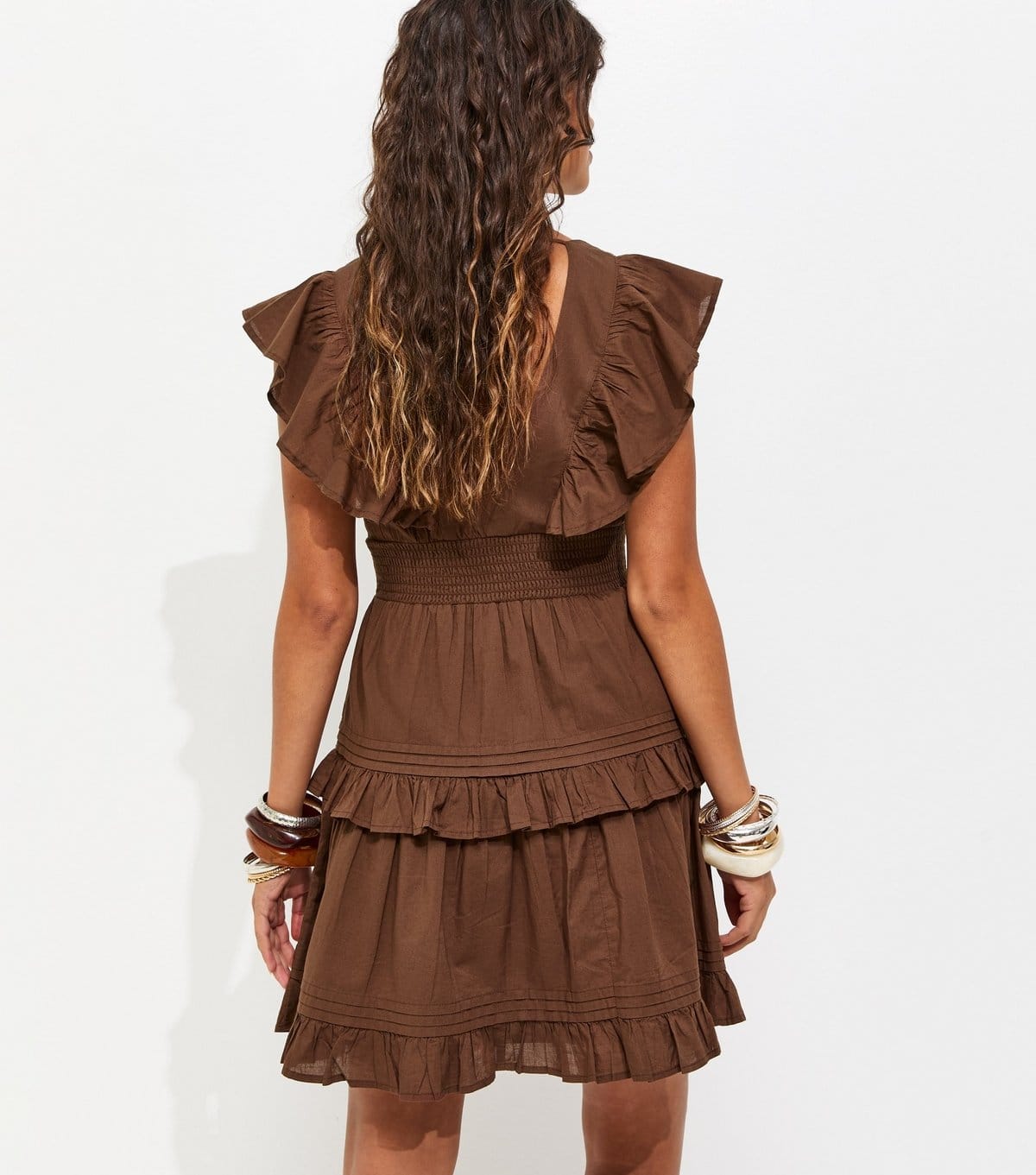 New Look Women's Brown Cotton Ruffle V-Neck Tiered Mini Dress New Look - 4