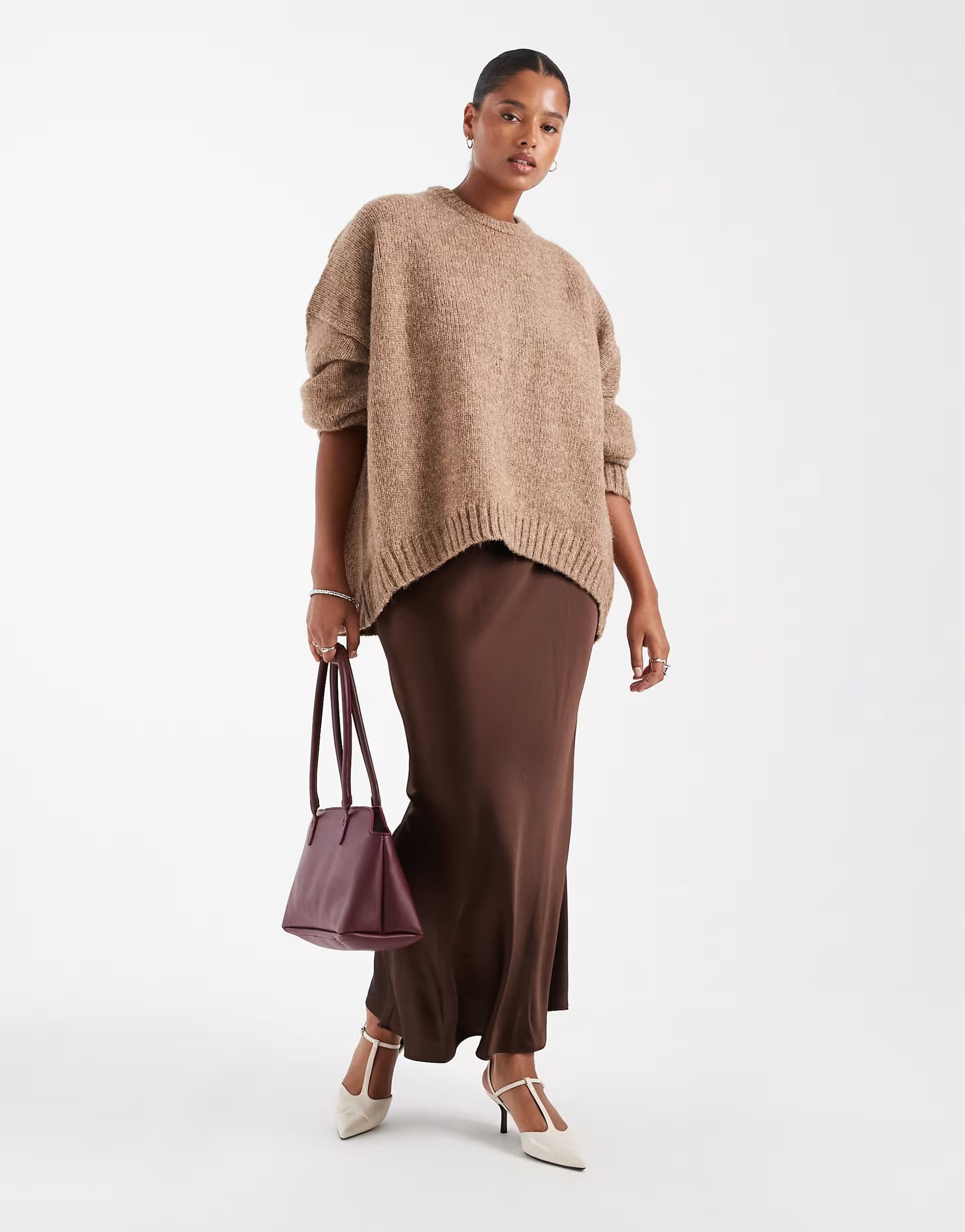ASOS New Look Curve satin bias midi skirt in brown