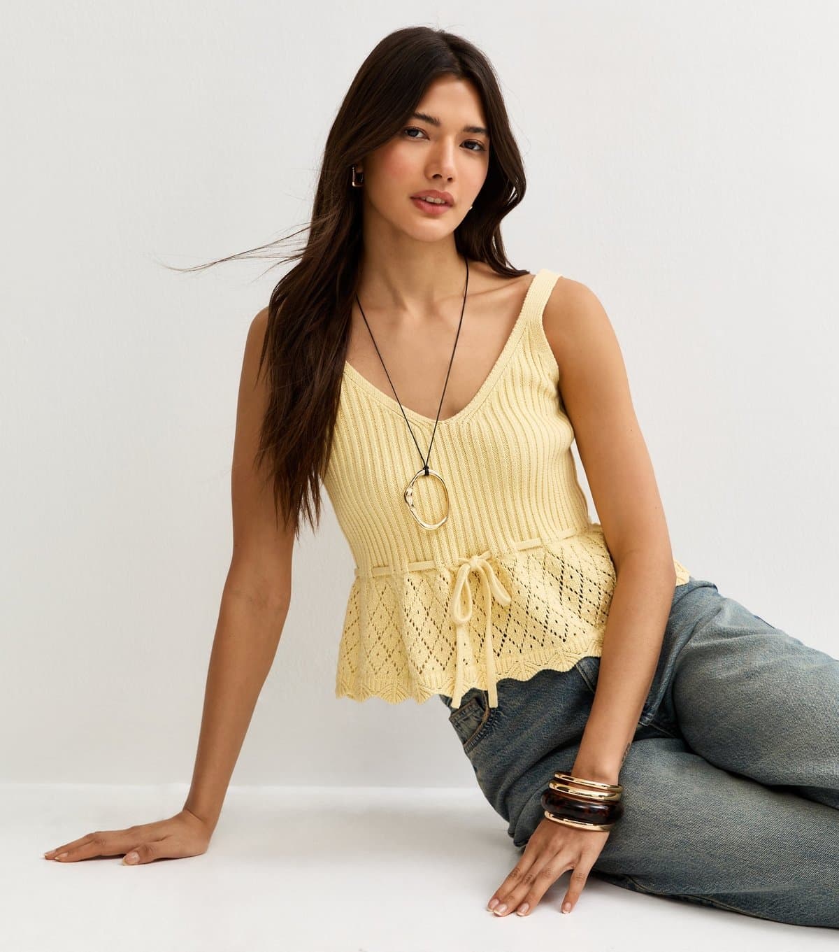 New Look Women's Yellow Cotton Rich Tie Waist Peplum Vest New Look