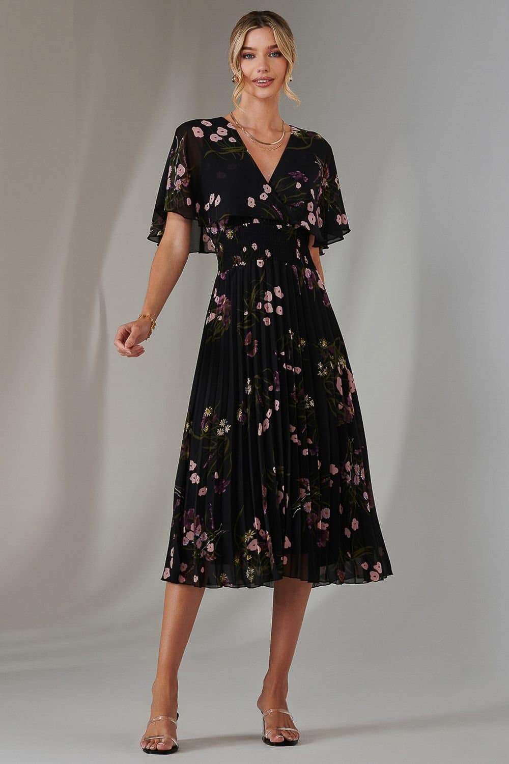 Jolie Moi Jolie Moi Women's Floral Print Chiffon Pleated Dress in Pink