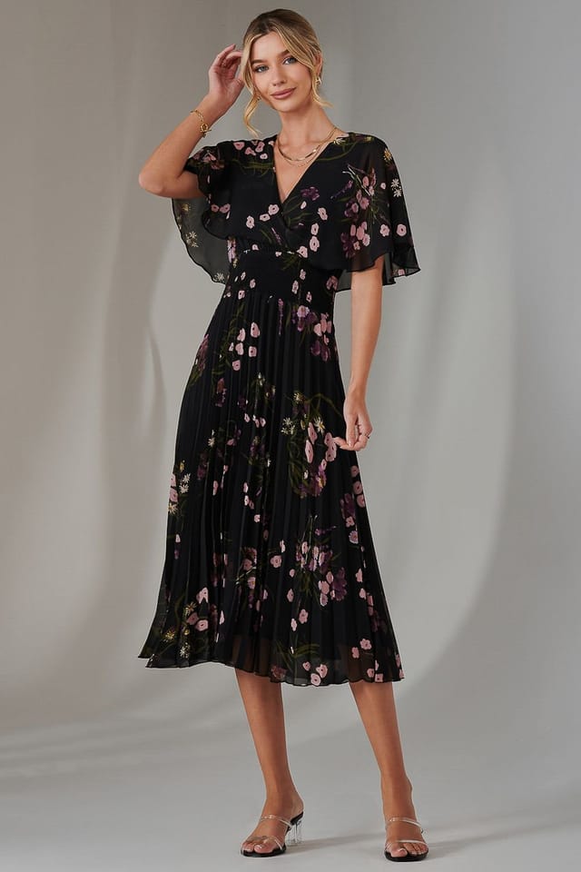 Jolie Moi Jolie Moi Women's Floral Print Chiffon Pleated Dress in Pink - 3