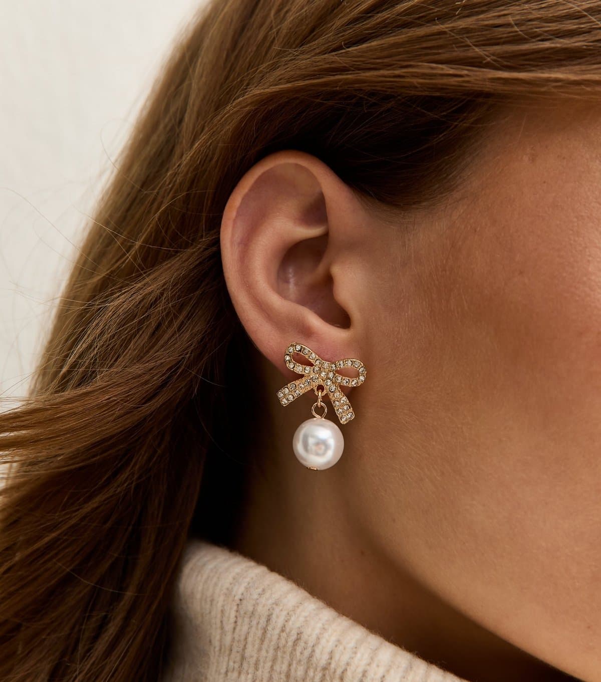 New Look Gold Tone Diamante Faux Pearl Drop Bow Stud Earrings New Look