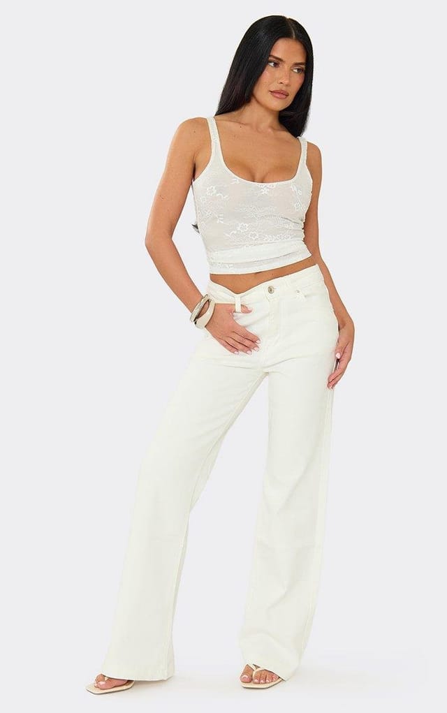 EGO Mid Rise Straight Leg Jeans In White Denim, Women's Size UK L - 2