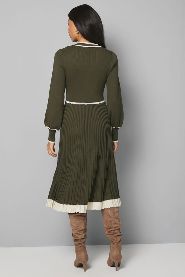 Wallis Wallis Women's Zip Front Pleated Knitted Midi Dress in Khaki - 3