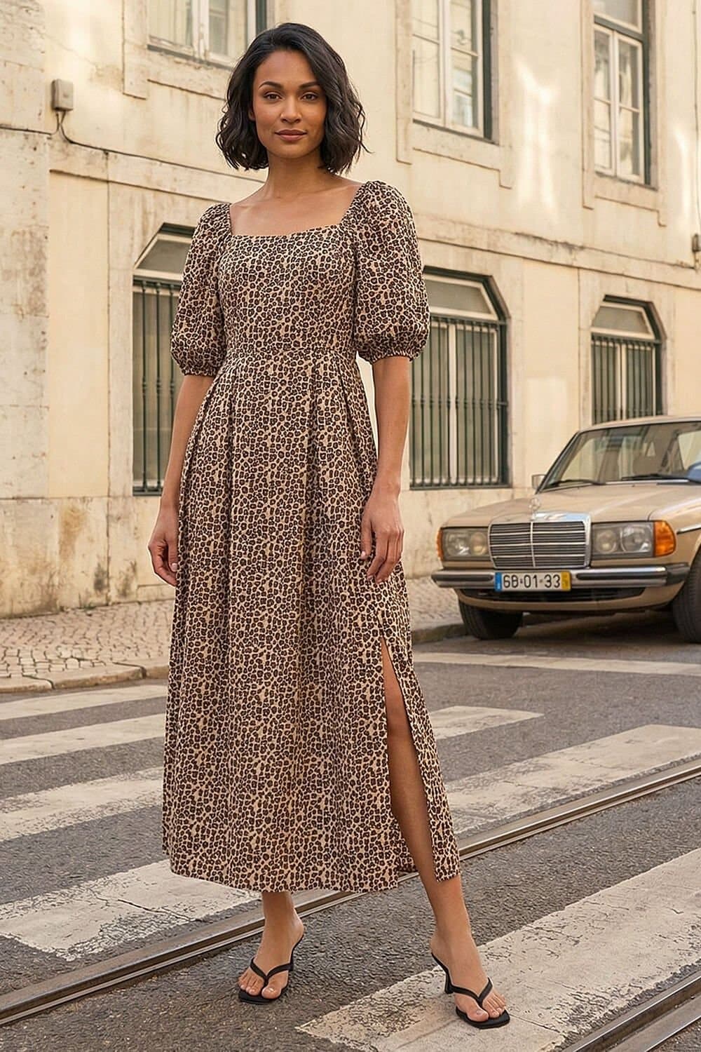 Dusk Dusk Women's Animal Print Midi Dress in Camel