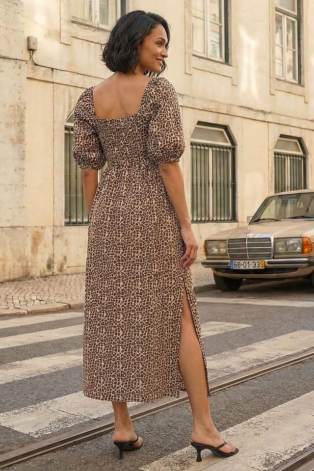 Dusk Dusk Women's Animal Print Midi Dress in Camel - 2