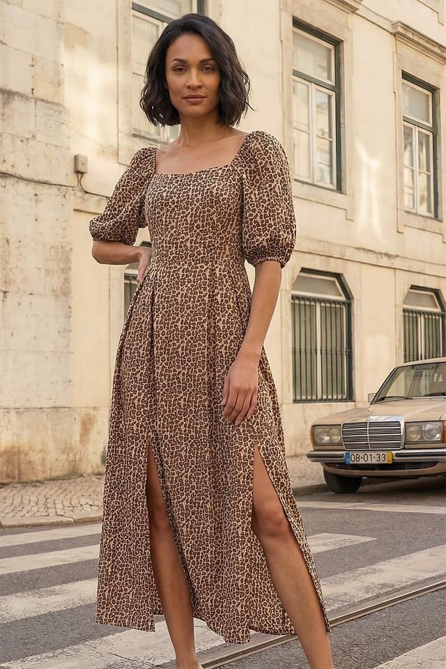 Dusk Dusk Women's Animal Print Midi Dress in Camel - 3