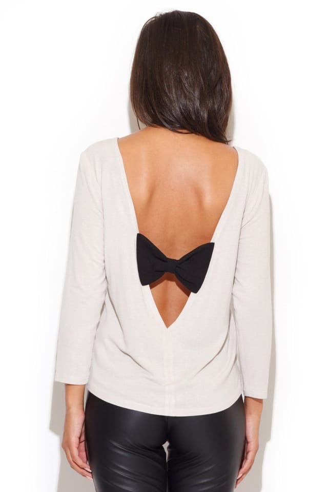 Love Lace Love Lace Women's Long Sleeve Blouse Back Deep Neck Bow in Beige - 2