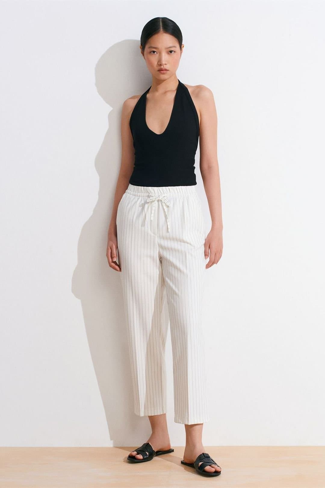 Dilvin Dilvin Women's Striped Straight-leg Woven Jogger Pants in Off-White