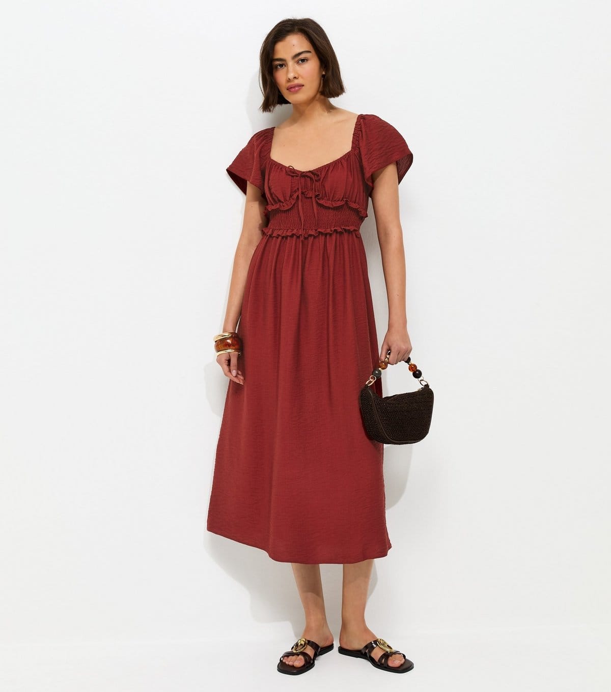 New Look Red Shirred Sweetheart Ruched Midi Dress