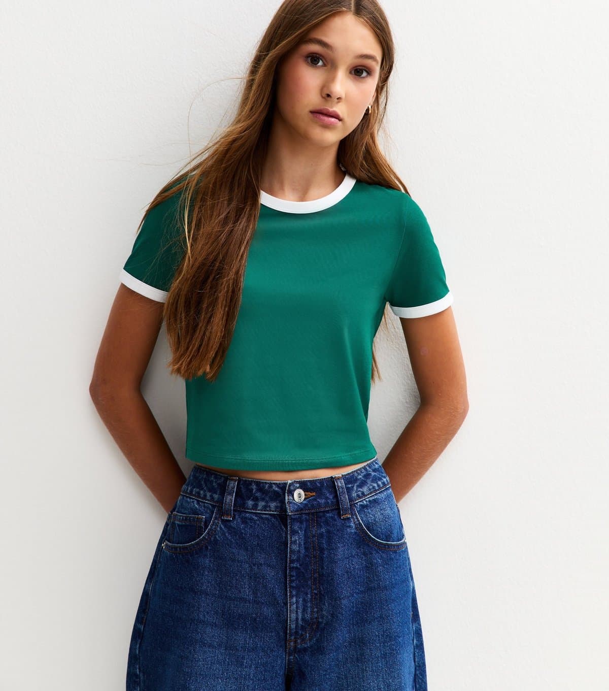 New Look New Look Green Contrast Trim Crew Neck T-Shirt