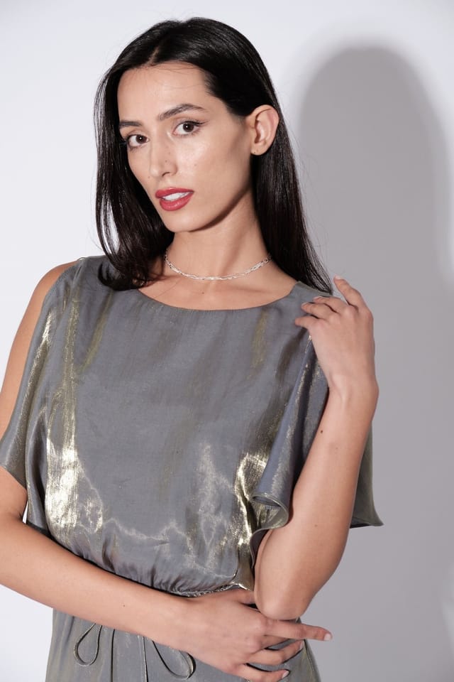 Louche Louche Women's Basford Iridescent Cape Sleeve Midi Dress in Green - 3
