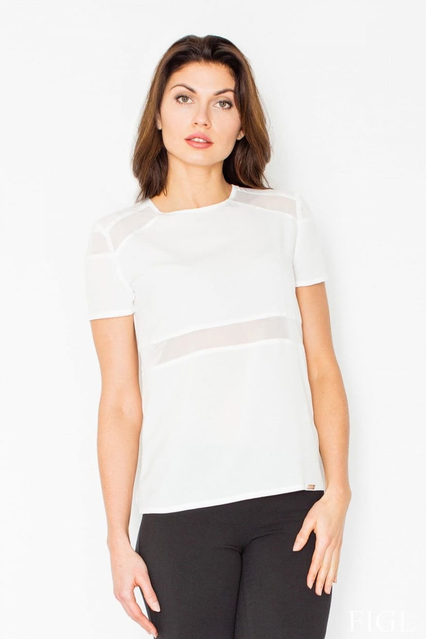 Love Lace Love Lace Women's Short Sleeve Blouse Mesh Insert Zip in White - 1