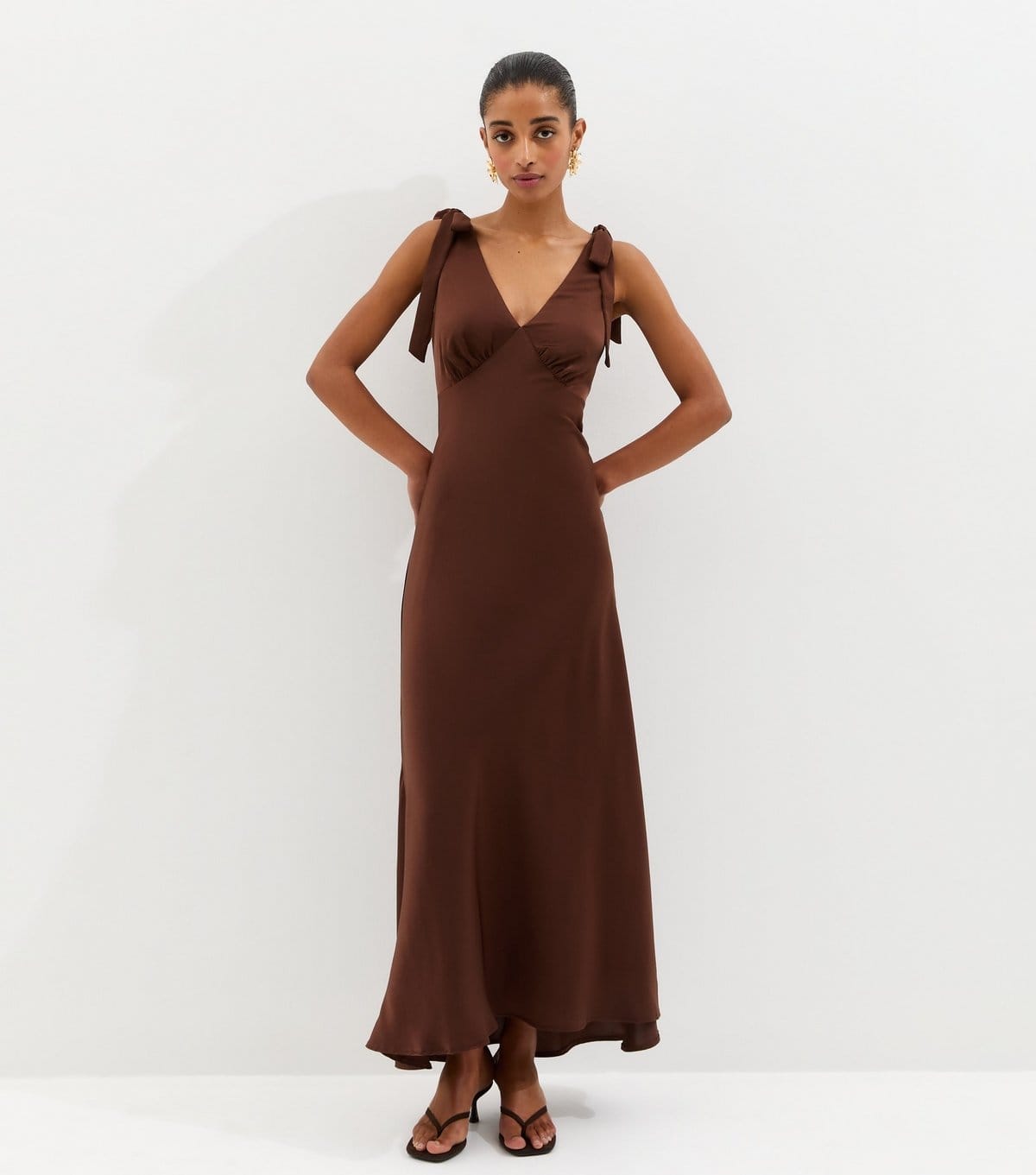New Look Dark Brown Tie Shoulder Plunge Maxi Dress