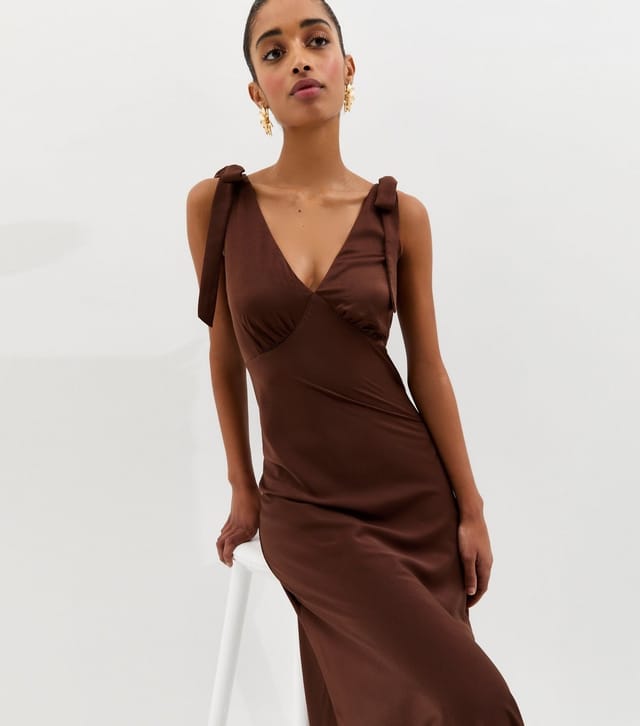 New Look Women's Dark Brown Tie Shoulder Plunge Maxi Dress New Look - 3