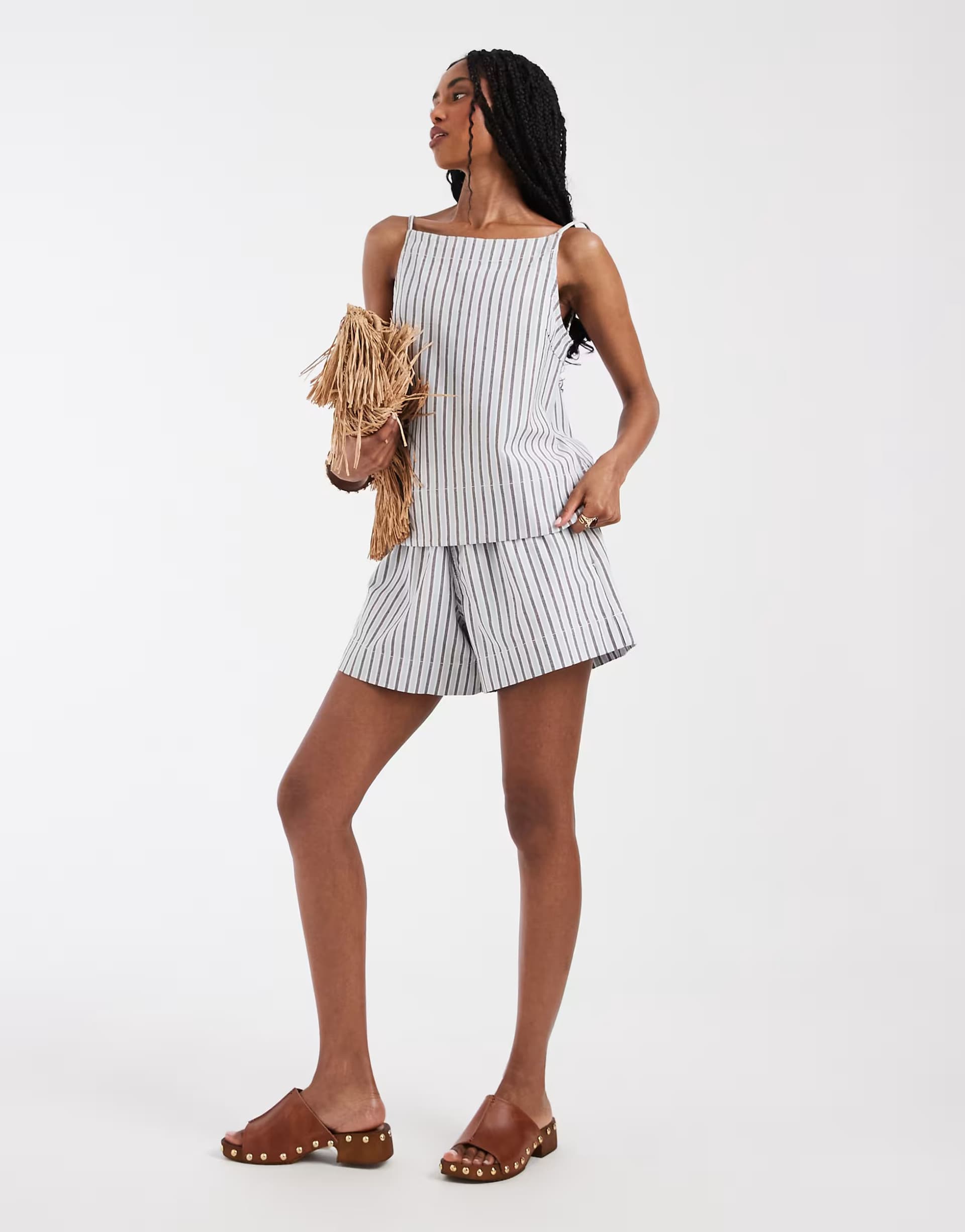 ASOS Pieces tie waist denim shorts co-ord in light blue and brown stripe