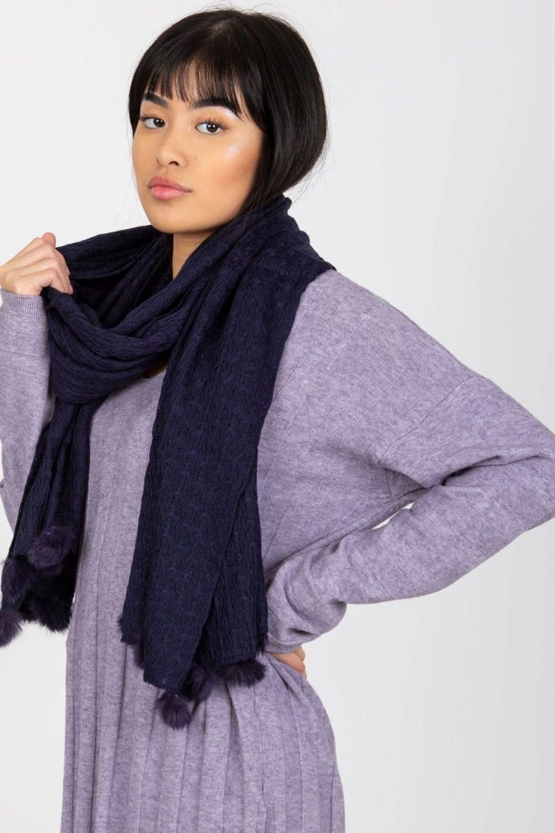 Love Lace Love Lace Women's Openwork Long Winter Warm Scarf with Decorative Pom Poms in Blue - 4