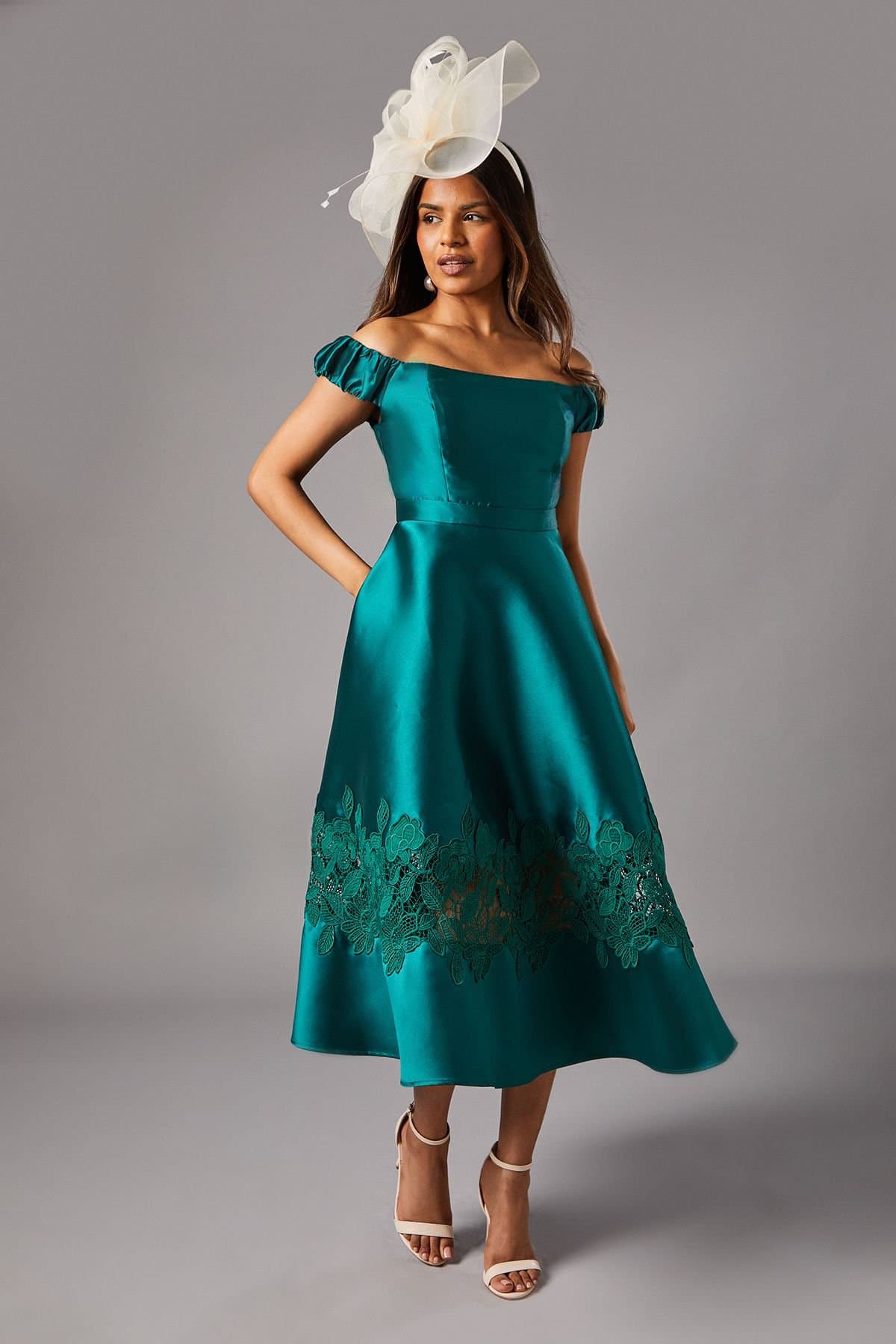 Coast Coast Women's Petite Bardot Twill Midi Dress With Lace Trim in Emerald
