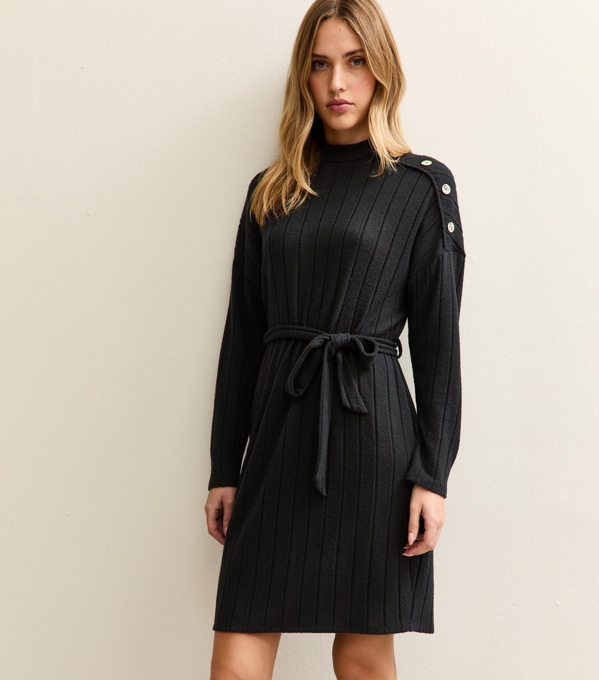 New Look Women's Black Rib Buttoned Shoulder Mini Dress New Look - 3