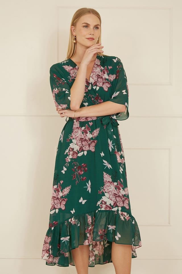 Yumi Yumi Women's Green Floral Kimono Dipped Hem Dress - 2