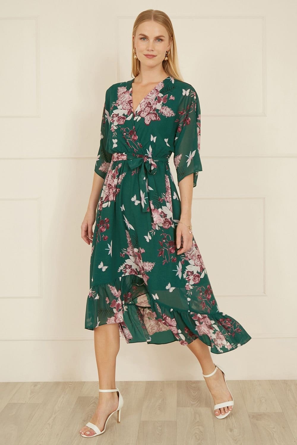 Yumi Yumi Women's Green Floral Kimono Dipped Hem Dress - 4