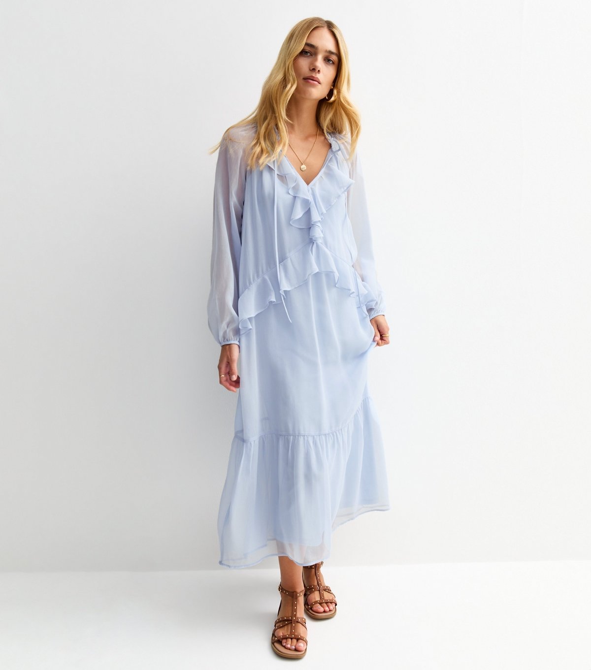 New Look Women's Light Blue Frilly Trim Chiffon Midi Dress New Look - 2