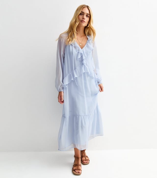 New Look Women's Light Blue Frilly Trim Chiffon Midi Dress New Look - 2