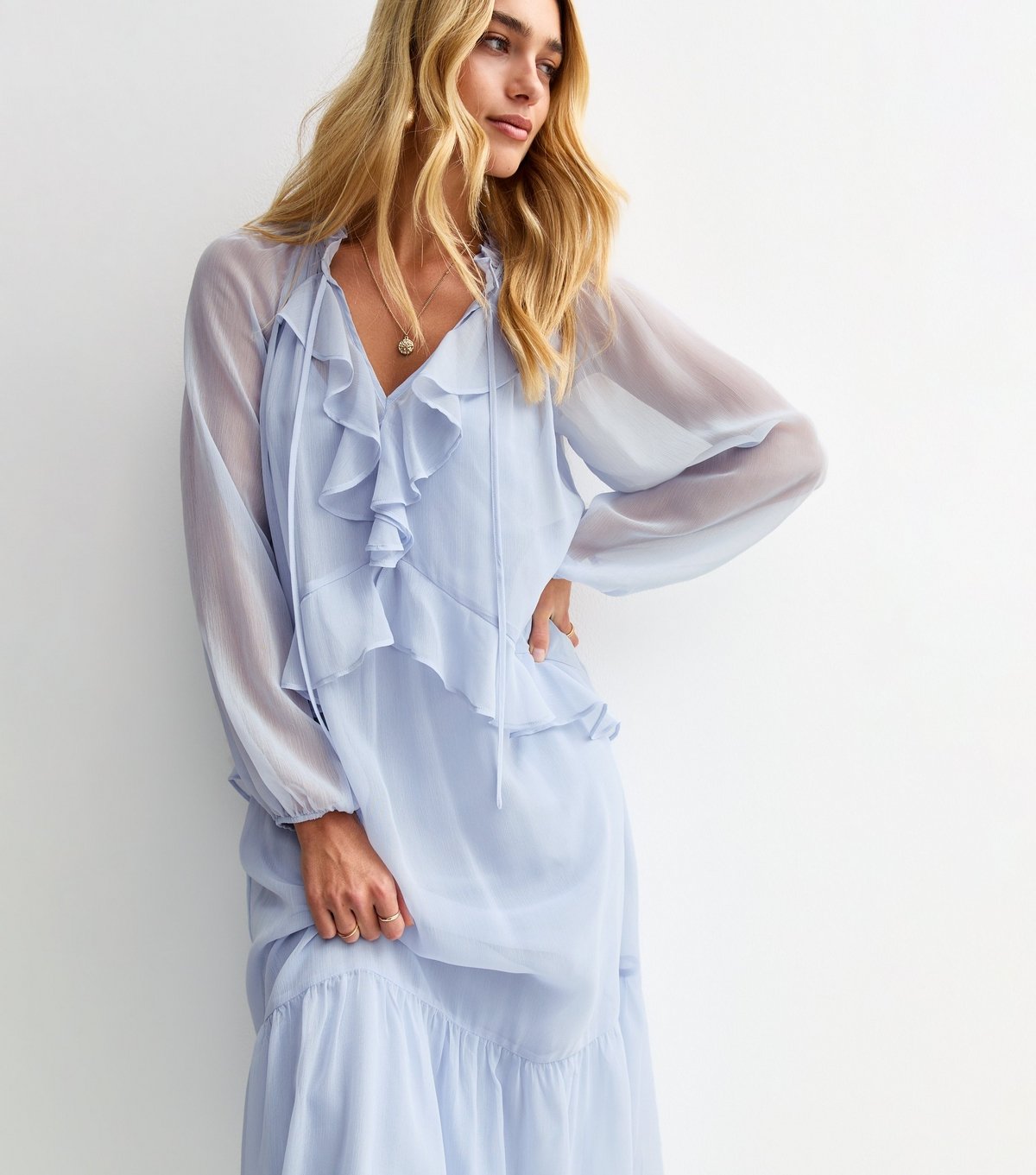 New Look Women's Light Blue Frilly Trim Chiffon Midi Dress New Look - 3