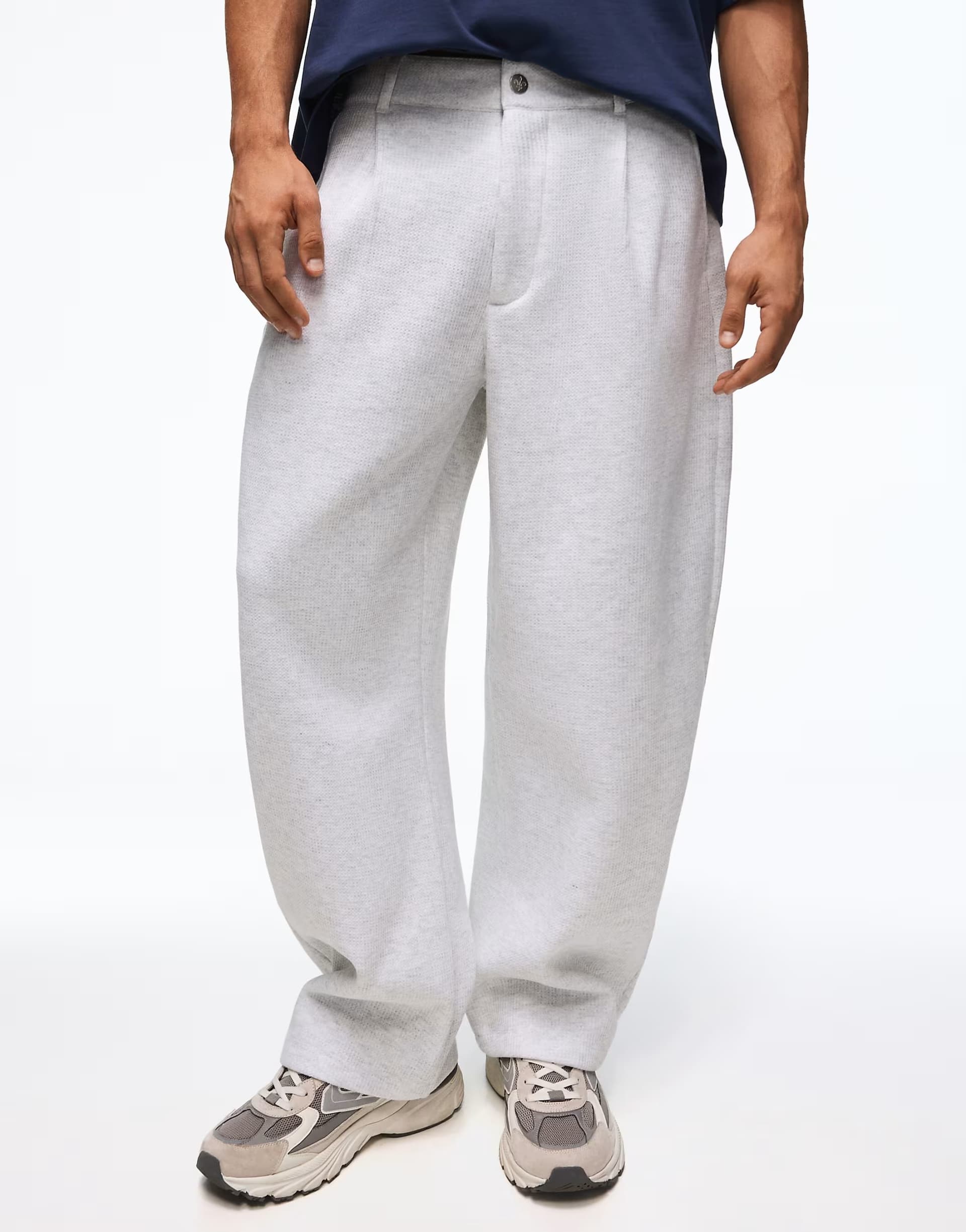 ASOS Bershka Balloon tailored waffle trousers with 3d embroidery in light grey