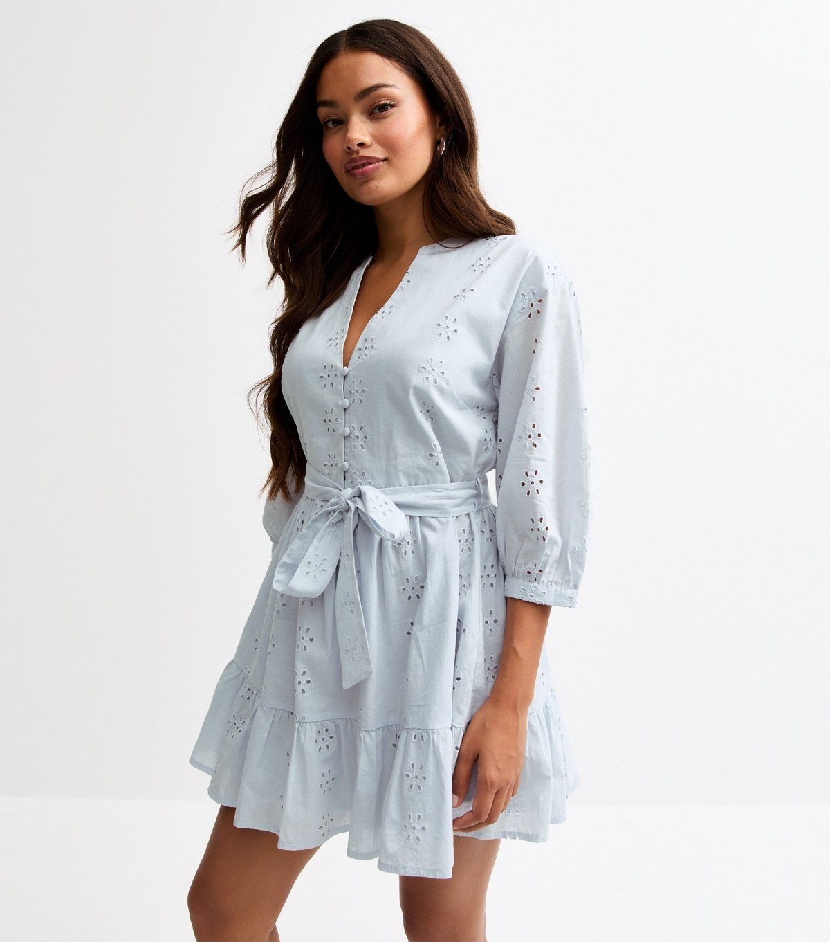 New Look Women's Petite Light Blue Broderie Anglaise Tiered Hem Mini Dress New Look - 3